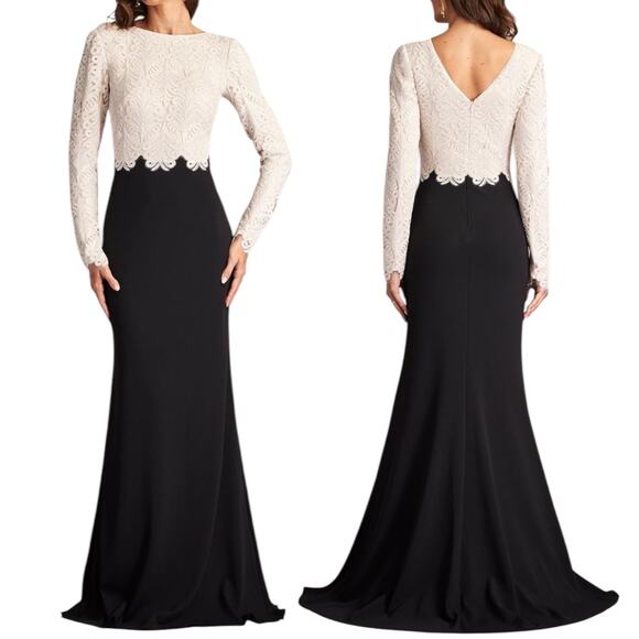 Tadashi Shoji Embroidered Lace Long Evening Gown Black Ivory Size 18 - Picture 1 of 12